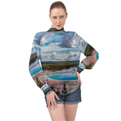 Mountains Trail Forest Yellowstone High Neck Long Sleeve Chiffon Top by Sarkoni