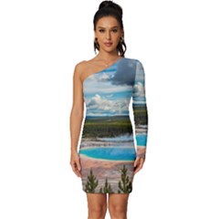 Mountains Trail Forest Yellowstone Long Sleeve One Shoulder Mini Dress by Sarkoni