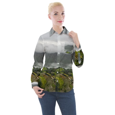 Residential Paddy Field Step Cloud Women s Long Sleeve Pocket Shirt by Sarkoni