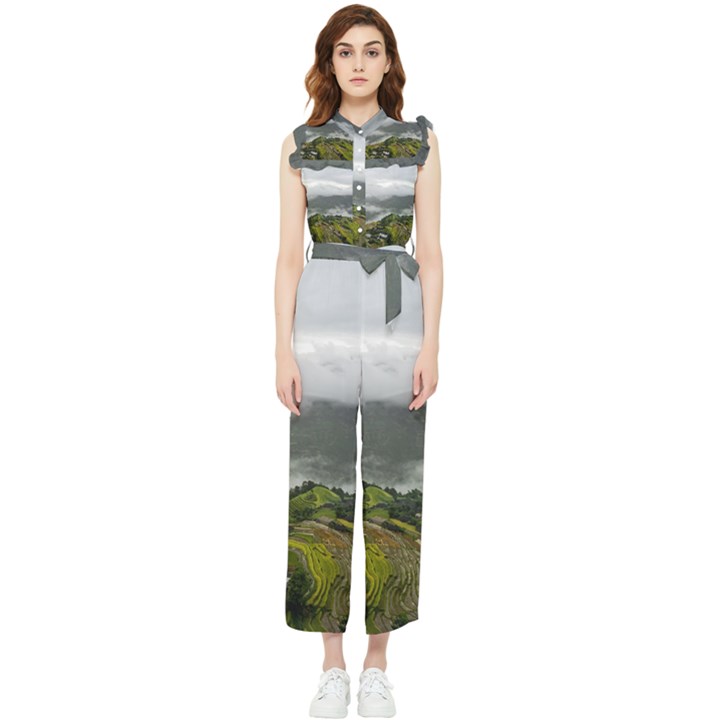 Residential Paddy Field Step Cloud Women s Frill Top Chiffon Jumpsuit