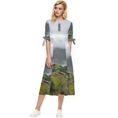 Residential Paddy Field Step Cloud Bow Sleeve Chiffon Midi Dress by Sarkoni