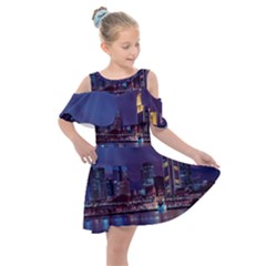 Frankfurt City Skyline Skyscraper Kids  Shoulder Cutout Chiffon Dress by Sarkoni