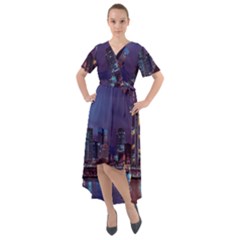 Frankfurt City Skyline Skyscraper Front Wrap High Low Dress by Sarkoni