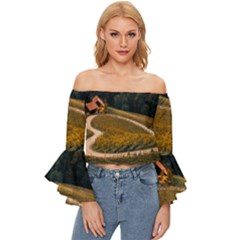 Vineyard Agriculture Farm Autumn Off Shoulder Flutter Bell Sleeve Top by Sarkoni