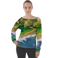 River Waterfall Off Shoulder Long Sleeve Velour Top by Sarkoni