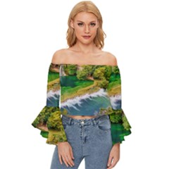 River Waterfall Off Shoulder Flutter Bell Sleeve Top by Sarkoni