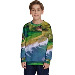 River Waterfall Kids  Crewneck Sweatshirt by Sarkoni