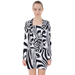 Animal Cute Pattern Art Zebra V-neck Bodycon Long Sleeve Dress by Amaryn4rt