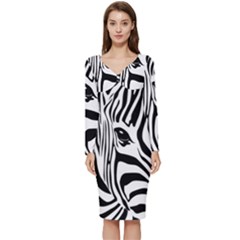 Animal Cute Pattern Art Zebra Long Sleeve V-neck Bodycon Dress  by Amaryn4rt