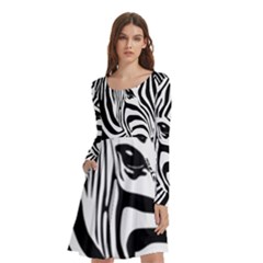 Animal Cute Pattern Art Zebra Long Sleeve Knee Length Skater Dress With Pockets by Amaryn4rt