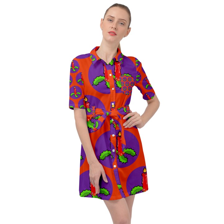 Christmas Candles Seamless Pattern Belted Shirt Dress