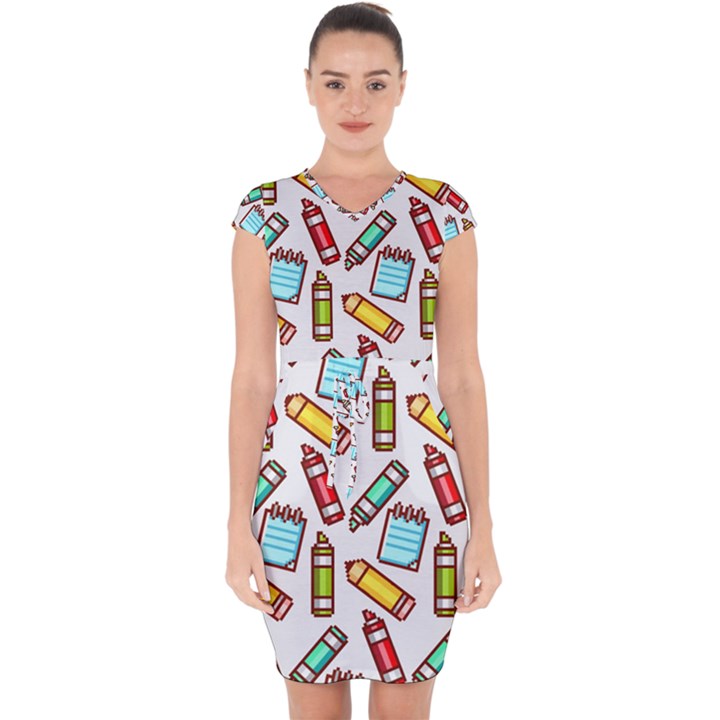 Seamless Pixel Art Pattern Capsleeve Drawstring Dress 