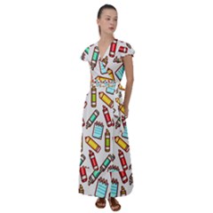 Seamless Pixel Art Pattern Flutter Sleeve Maxi Dress