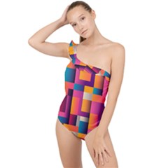 Abstract Background Geometry Blocks Frilly One Shoulder Swimsuit by Amaryn4rt