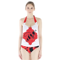 Bee Logo Honeycomb Red Wasp Honey Halter Swimsuit by Amaryn4rt