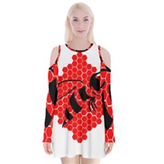 Bee Logo Honeycomb Red Wasp Honey Velvet Long Sleeve Shoulder Cutout Dress by Amaryn4rt