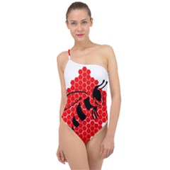 Bee Logo Honeycomb Red Wasp Honey Classic One Shoulder Swimsuit by Amaryn4rt