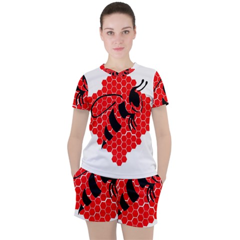 Bee Logo Honeycomb Red Wasp Honey Women s T-shirt And Shorts Set by Amaryn4rt