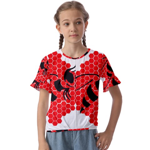 Bee Logo Honeycomb Red Wasp Honey Kids  Cuff Sleeve Scrunch Bottom T-shirt by Amaryn4rt