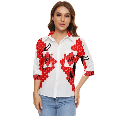 Bee Logo Honeycomb Red Wasp Honey Women s Quarter Sleeve Pocket Shirt by Amaryn4rt