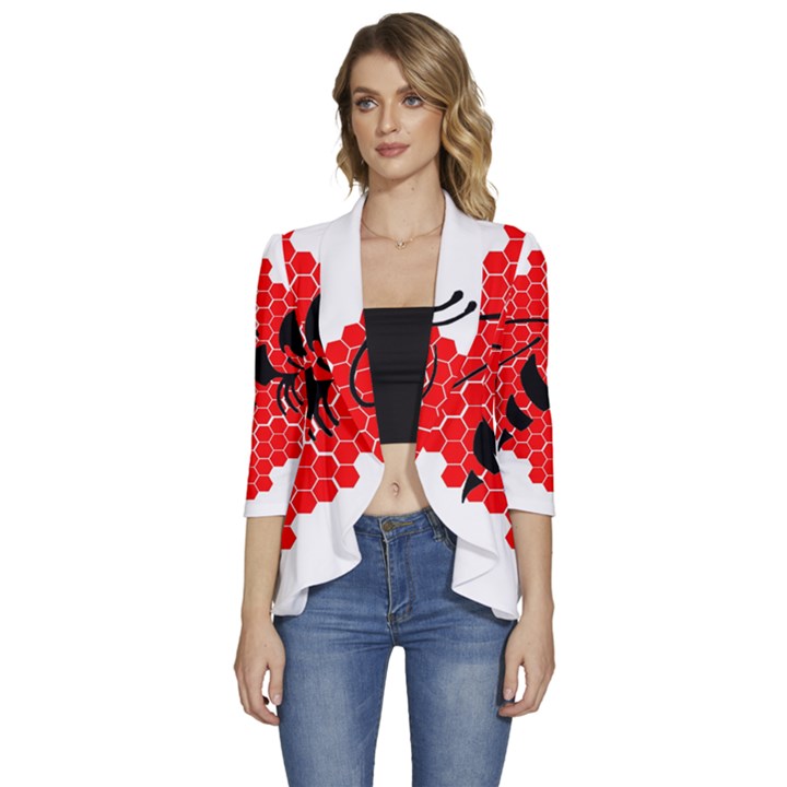 Bee Logo Honeycomb Red Wasp Honey Women s 3/4 Sleeve Ruffle Edge Open Front Jacket