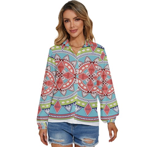 Drawing Mandala Art Women s Long Sleeve Button Up Shirt by Amaryn4rt