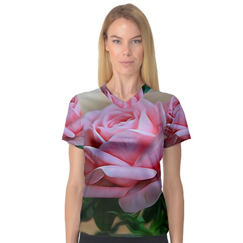 Rose Pink Flowers Pink Saturday V-neck Sport Mesh T-shirt by Amaryn4rt