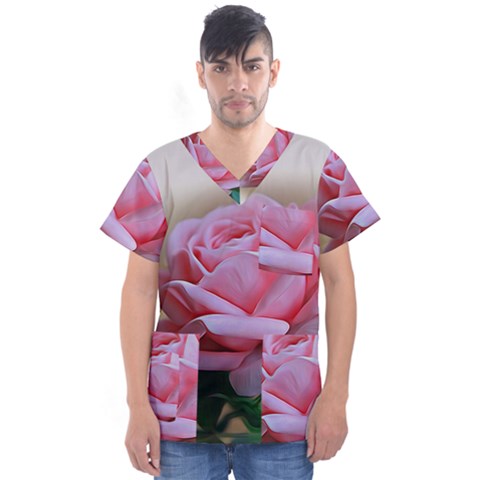 Rose Pink Flowers Pink Saturday Men s V-neck Scrub Top by Amaryn4rt