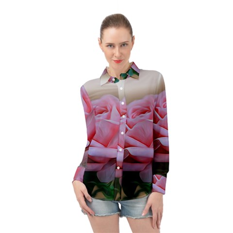 Rose Pink Flowers Pink Saturday Long Sleeve Chiffon Shirt by Amaryn4rt