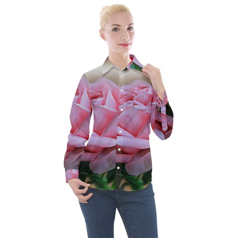 Rose Pink Flowers Pink Saturday Women s Long Sleeve Pocket Shirt by Amaryn4rt