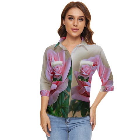 Rose Pink Flowers Pink Saturday Women s Quarter Sleeve Pocket Shirt by Amaryn4rt