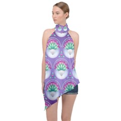 Background Floral Pattern Purple Halter Asymmetric Satin Top