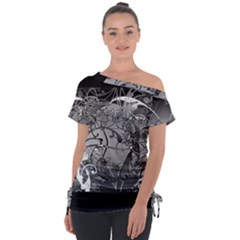 Kringel Circle Flowers Butterfly Off Shoulder Tie-up T-shirt