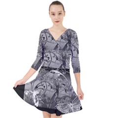 Kringel Circle Flowers Butterfly Quarter Sleeve Front Wrap Dress