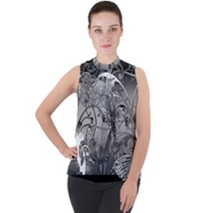 Kringel Circle Flowers Butterfly Mock Neck Chiffon Sleeveless Top by Amaryn4rt