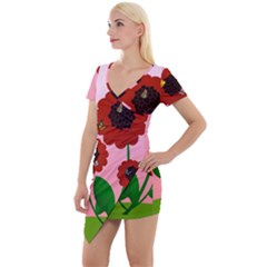 Flowers Butterflies Red Flowers Short Sleeve Asymmetric Mini Dress by Sarkoni