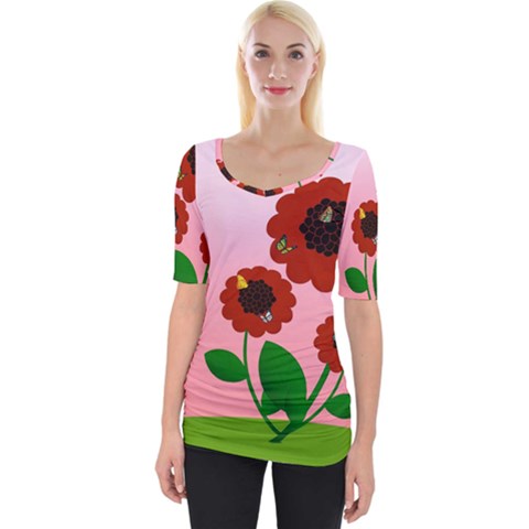 Flowers Butterflies Red Flowers Wide Neckline T-shirt by Sarkoni