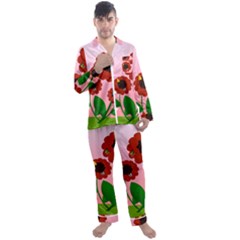 Flowers Butterflies Red Flowers Men s Long Sleeve Satin Pajamas Set by Sarkoni