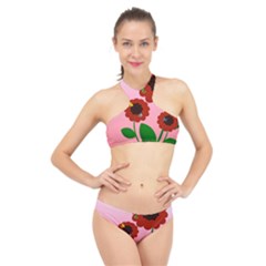 Flowers Butterflies Red Flowers High Neck Bikini Set