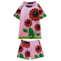 Flowers Butterflies Red Flowers Kids  Swim T-shirt And Shorts Set by Sarkoni