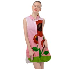 Flowers Butterflies Red Flowers Sleeveless Shirt Dress by Sarkoni