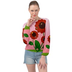 Flowers Butterflies Red Flowers Banded Bottom Chiffon Top by Sarkoni