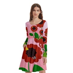 Flowers Butterflies Red Flowers Long Sleeve Knee Length Skater Dress With Pockets by Sarkoni