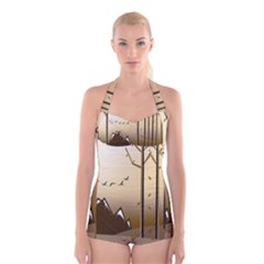 Landscape Trees Wallpaper Mountains Boyleg Halter Swimsuit  by Sarkoni