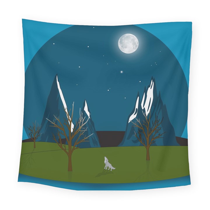 Vector Graphic Mountains Snow Wolf Square Tapestry (Large)