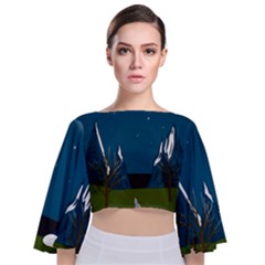 Vector Graphic Mountains Snow Wolf Tie Back Butterfly Sleeve Chiffon Top by Sarkoni