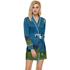 Vector Graphic Mountains Snow Wolf Long Sleeve Satin Robe by Sarkoni