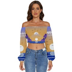 Vector Graphic Clipart Mountains Long Sleeve Crinkled Weave Crop Top