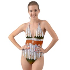 Birch Trees Fall Autumn Leaves Halter Cut-out One Piece Swimsuit by Sarkoni