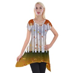 Birch Trees Fall Autumn Leaves Short Sleeve Side Drop Tunic by Sarkoni